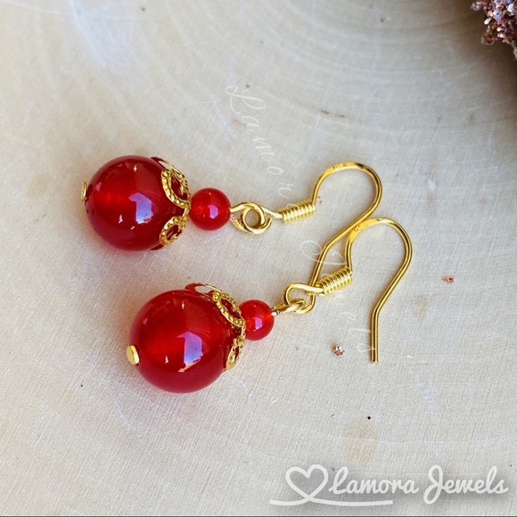 Red Jade Gold Drop Earrings - Picture 2 of 7